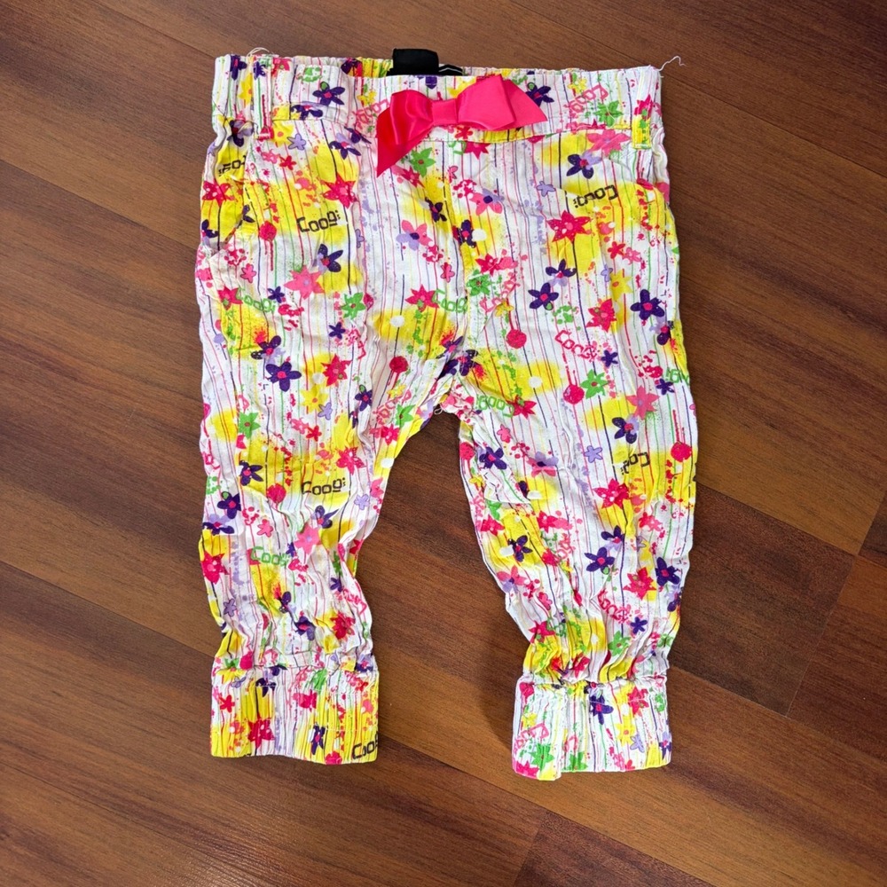 Coogi Girls Floral Logo‎ Print Jogger Pants White Yellow Pink Size 3T Bow Accent